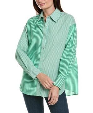 Cabi‎ Preppy Oversized Dad Striped Green Button Down Top Size Small